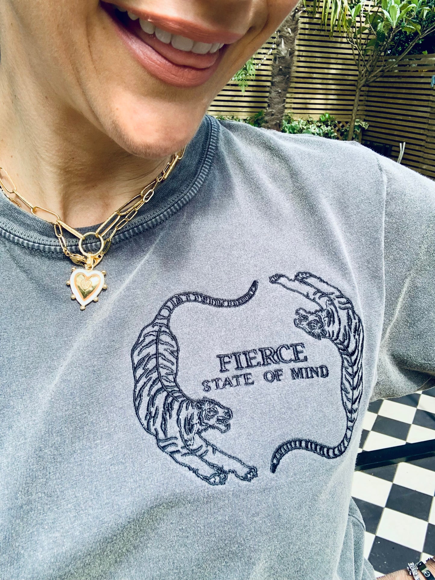 FIERCE STATE OF MIND, Embroidered. Stonewash Grey, short sleeved teeshirt