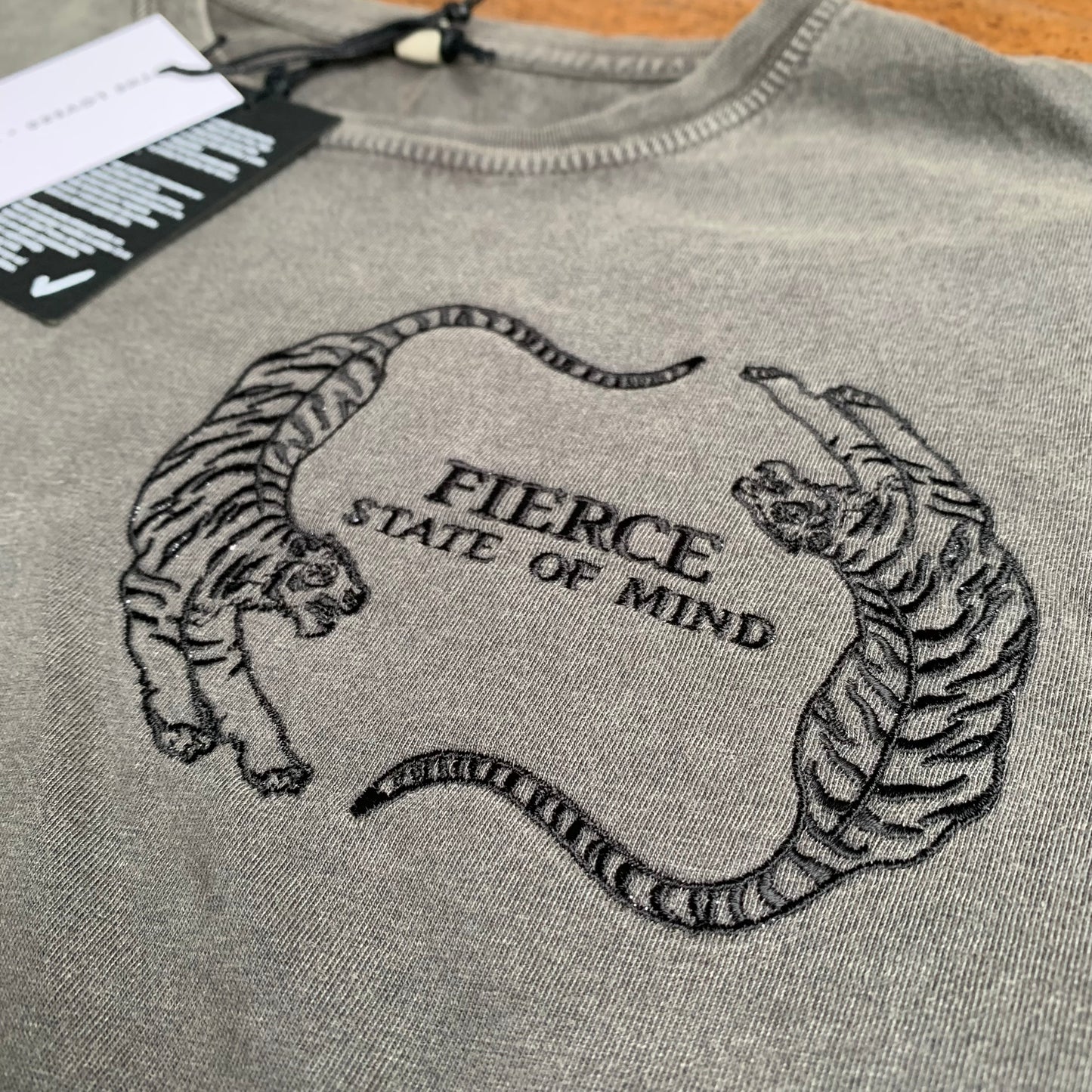 FIERCE STATE OF MIND, Embroidered. Stonewash Grey, short sleeved teeshirt