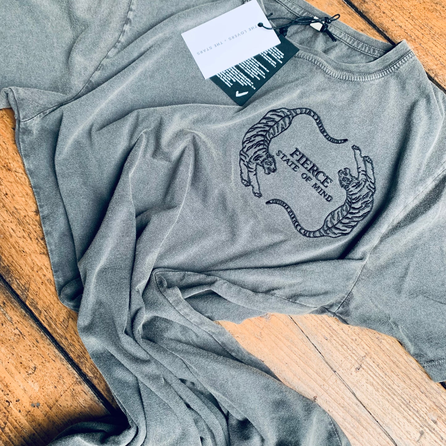 FIERCE STATE OF MIND, Embroidered. Stonewash Grey, short sleeved teeshirt