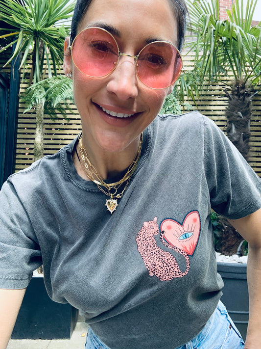 HEART'S GUARDIAN. Stonewash Grey, short sleeved teeshirt