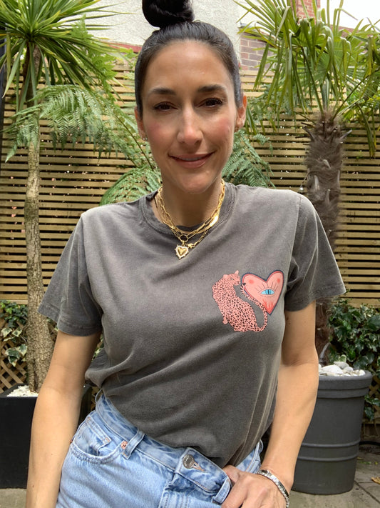 HEART'S GUARDIAN. Stonewash Grey, short sleeved teeshirt