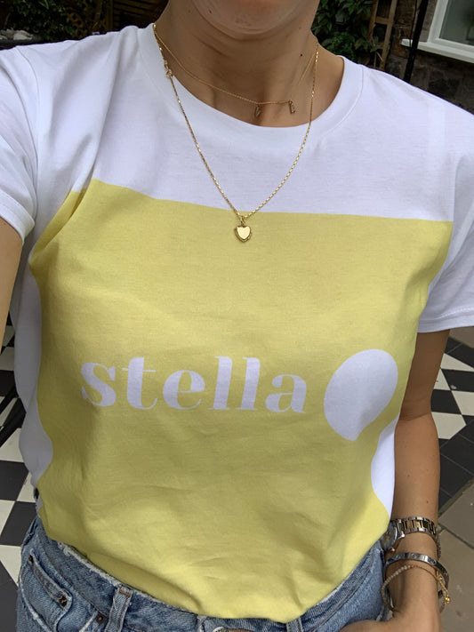 STELLA Colour Block, Lemon. White short sleeved teeshirt